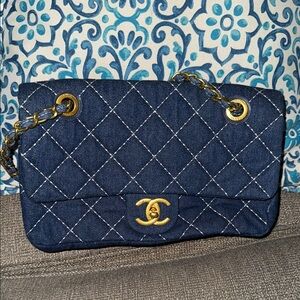 Navy Quilted Shoulder Bag with Gold Chain